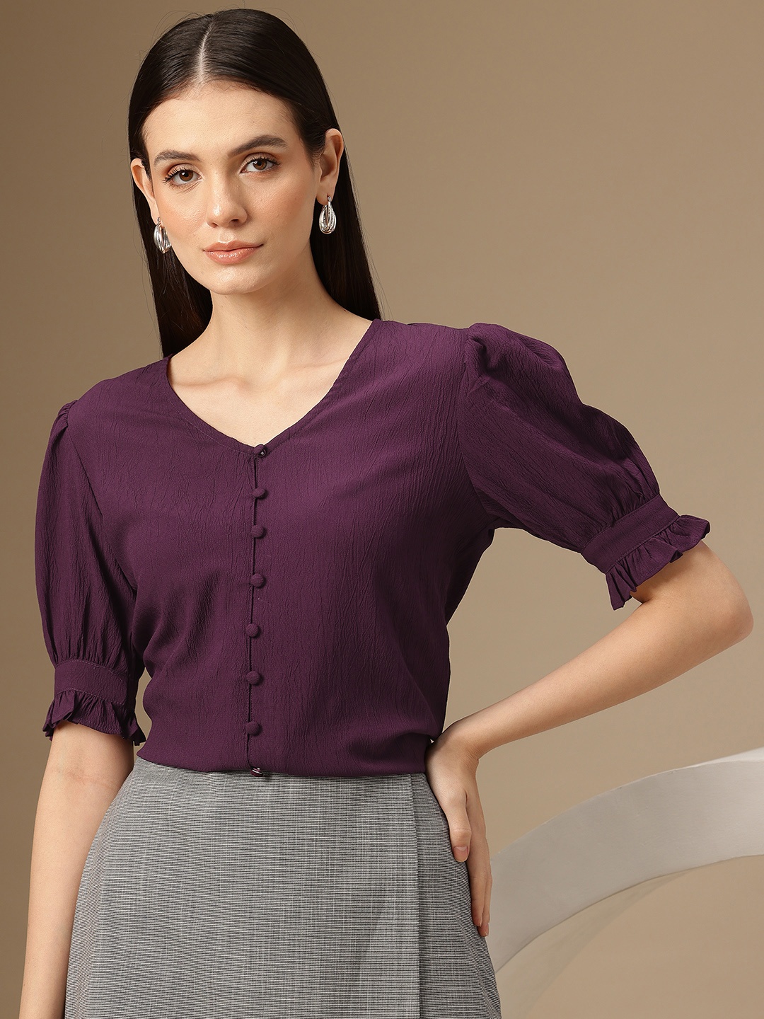 

Chemistry Puff Sleeves Crepe Shirt Style Top, Purple