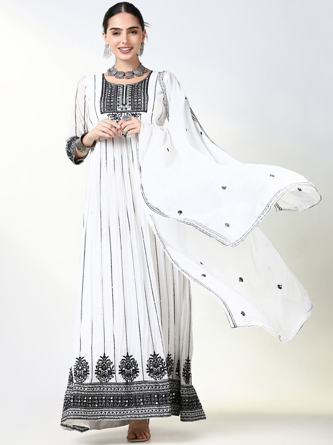 

SHOWOFF Women Embroidered Mirror Work White Romance Anarkali Kurta