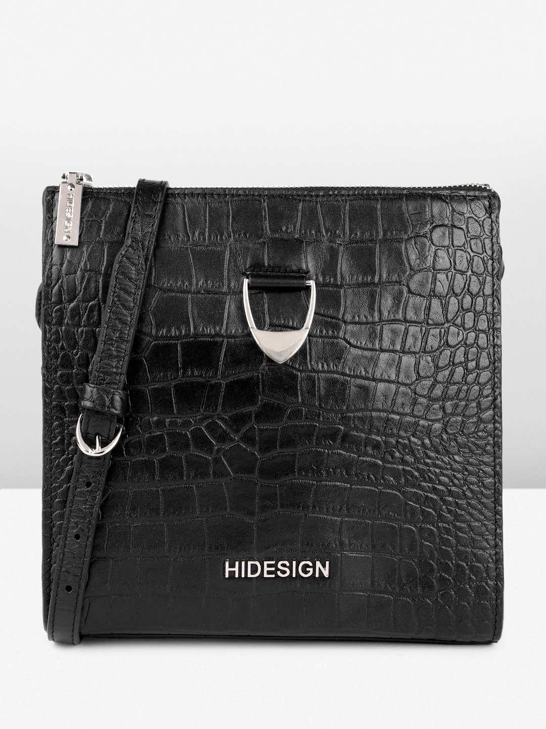 

Hidesign CAMILLE 01 SHINY CROCO Animal Textured Structured Sling Bag, Black