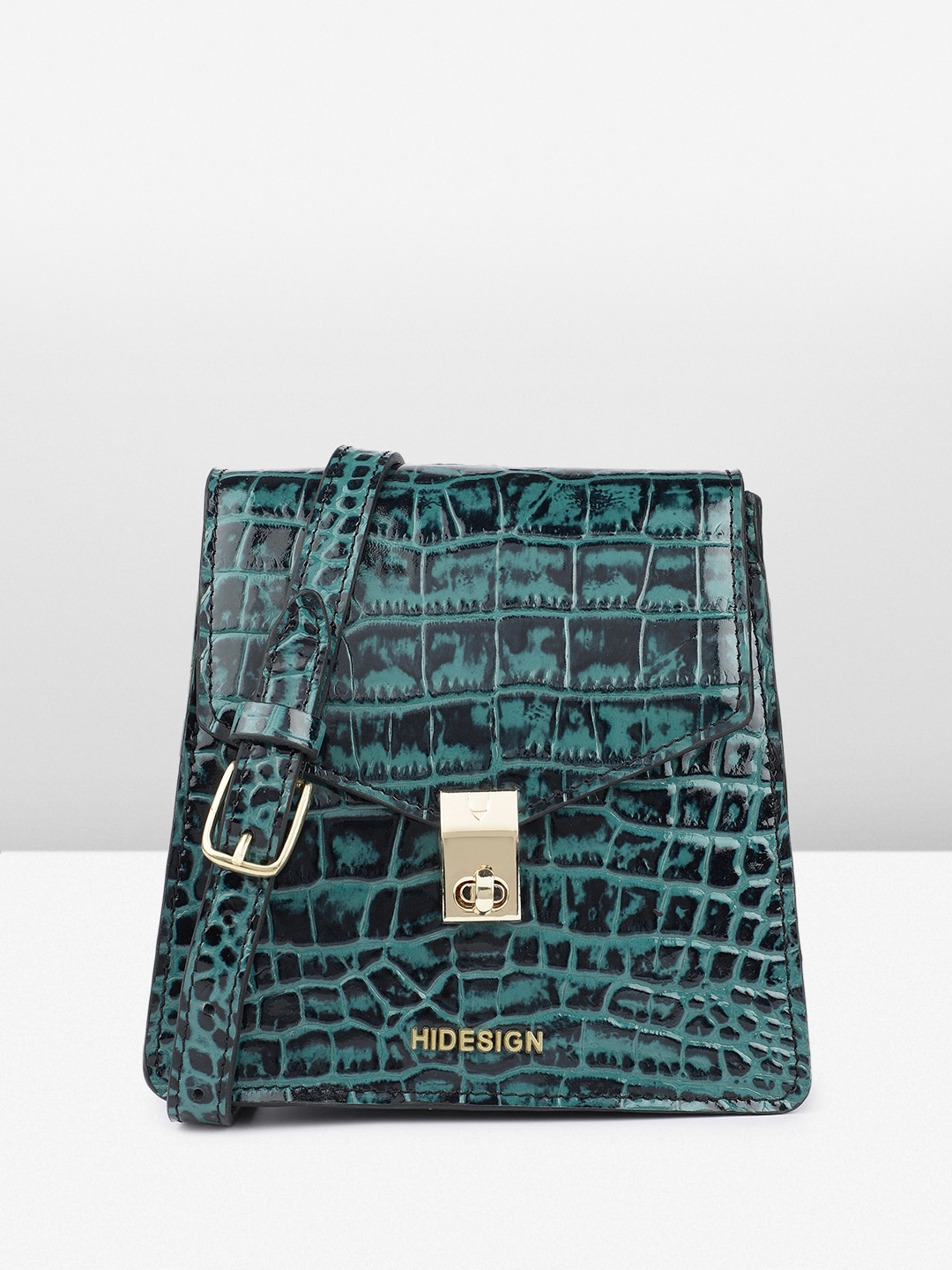 

Hidesign SOVERA 01 PATENT CROCO Animal Textured Structured Sling Bag, Teal