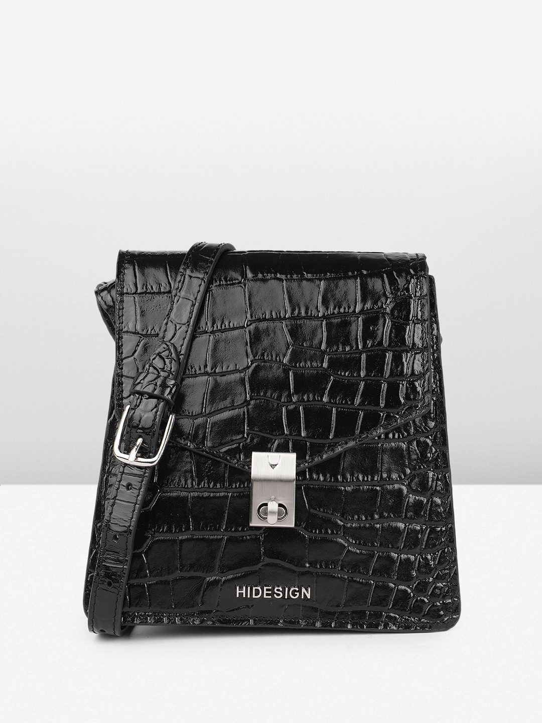 

Hidesign SOVERA 01 PATENT CROCO Animal Textured Structured Sling Bag, Black