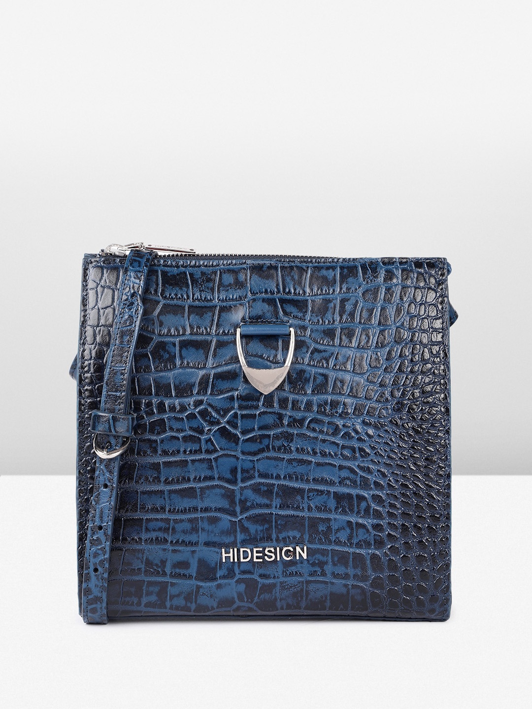 

Hidesign CAMILLE 01 SHINY CROCO Animal Textured Structured Sling Bag, Blue