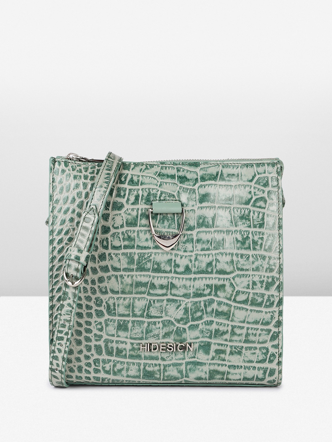 

Hidesign CAMILLE 01 SHINY CROCO Animal Textured Structured Sling Bag, Green