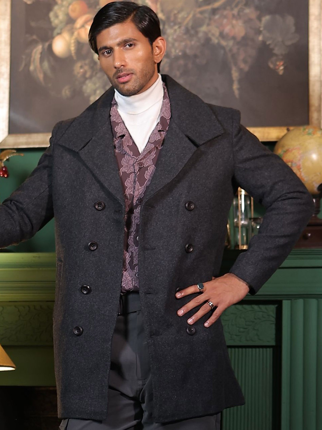

HONNETE Double-Breasted Longline Pea Coats, Charcoal