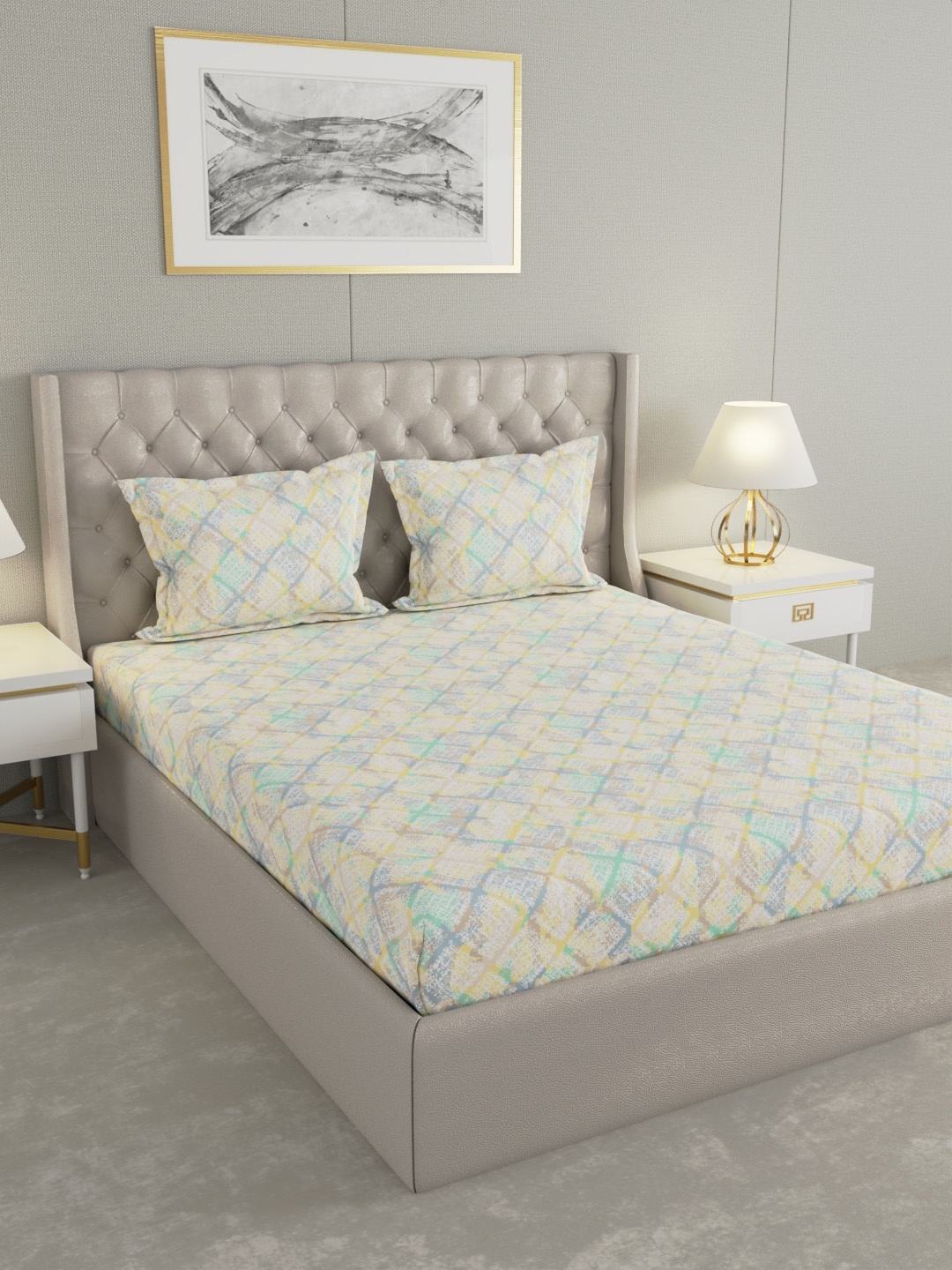 

Raymond Home White & Blue 120 TC Pure Cotton Queen Bedsheet Set-2.27 m x 2.55 m