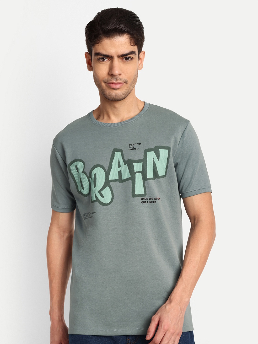

Lewogle Men Typography Applique T-shirt, Grey