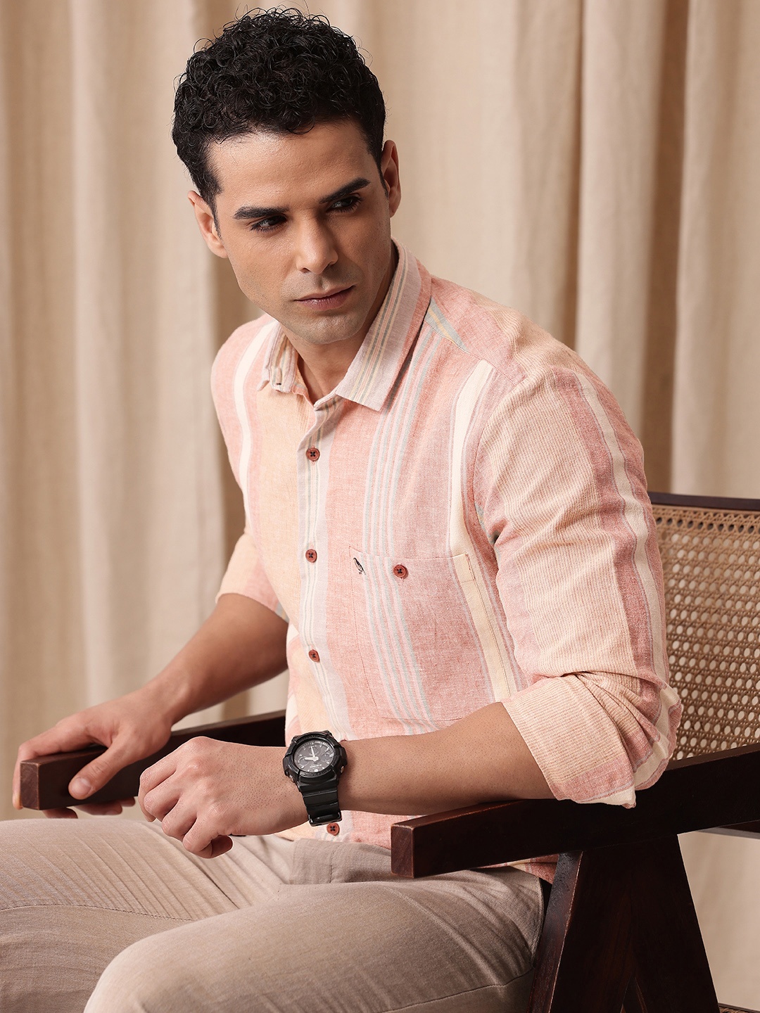 

Mr Bowerbird Men Premium Tailored Fit Striped Linen Cotton Casual Shirt, Peach