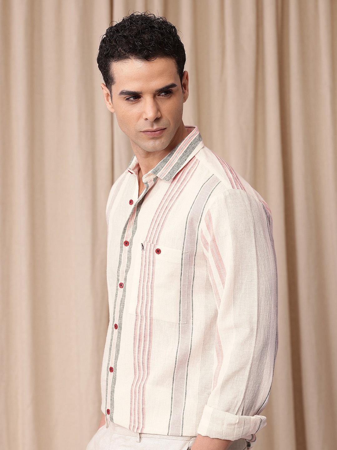 

Mr Bowerbird Men Premium Tailored Fit Striped Linen Cotton Casual Shirt, Off white