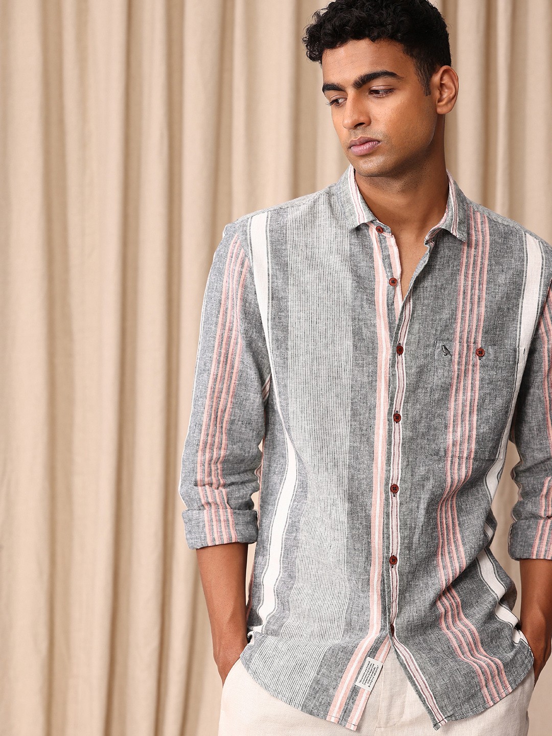 

Mr Bowerbird Men Premium Tailored Fit Striped Linen Cotton Casual Shirt, Multi
