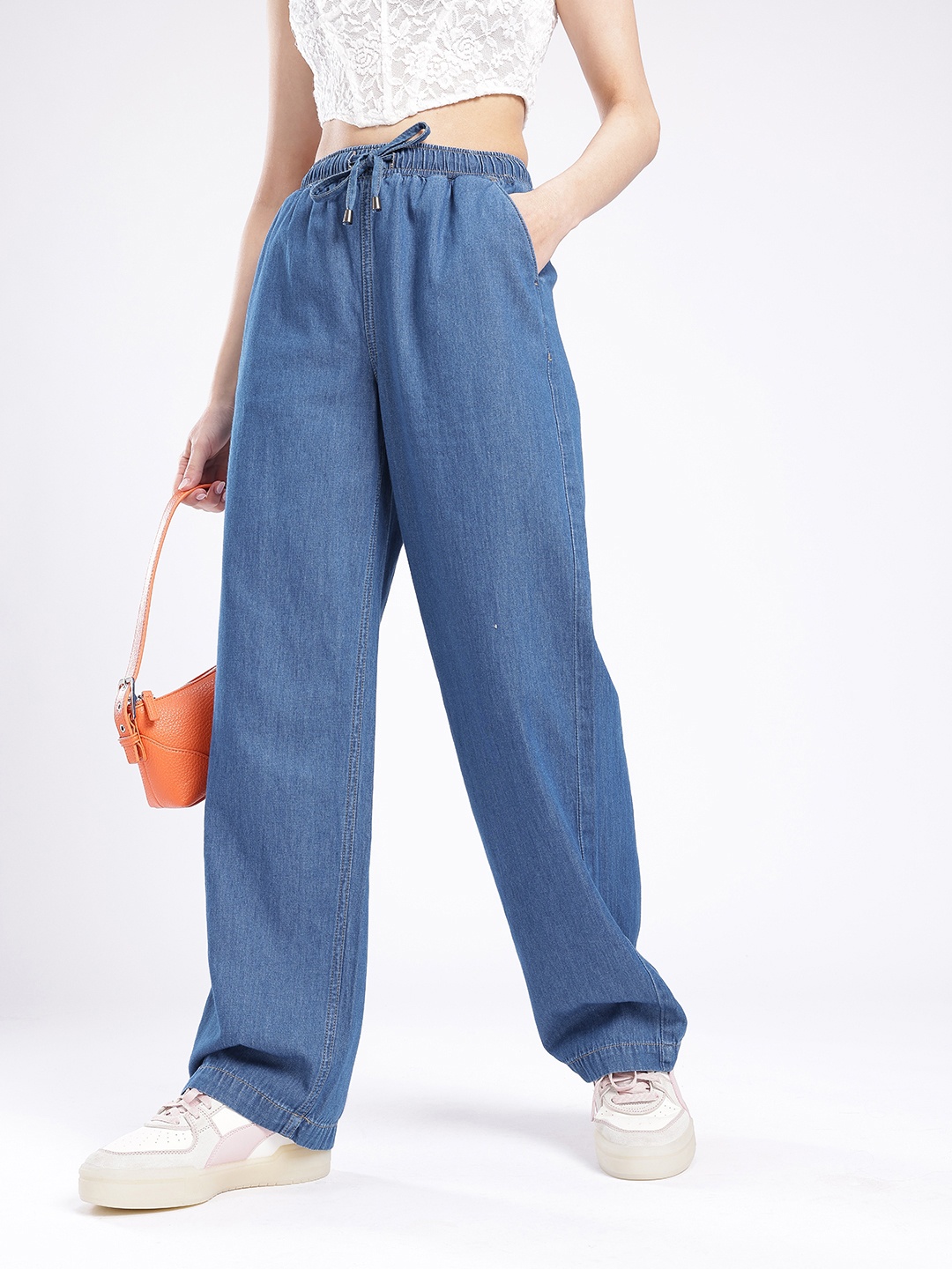 

glitchez Women Flowy Flex Wide Leg Jeans, Blue