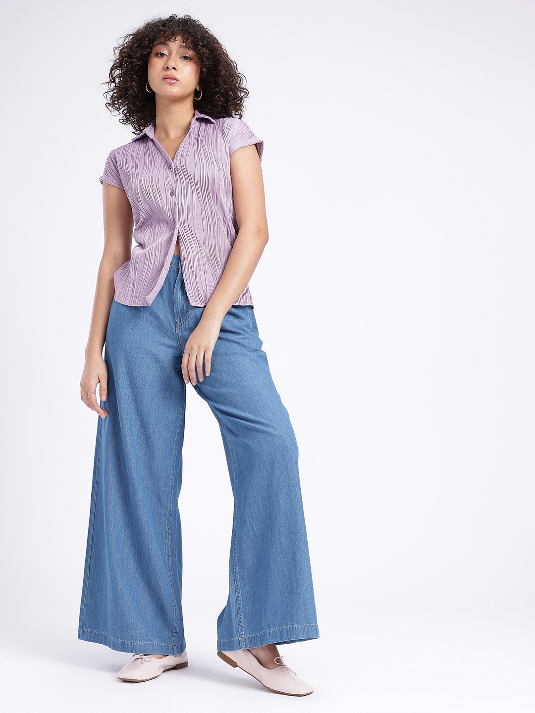 

glitchez Women Street Cool Pleated Detail Straight Palazzo Fit Jeans, Blue