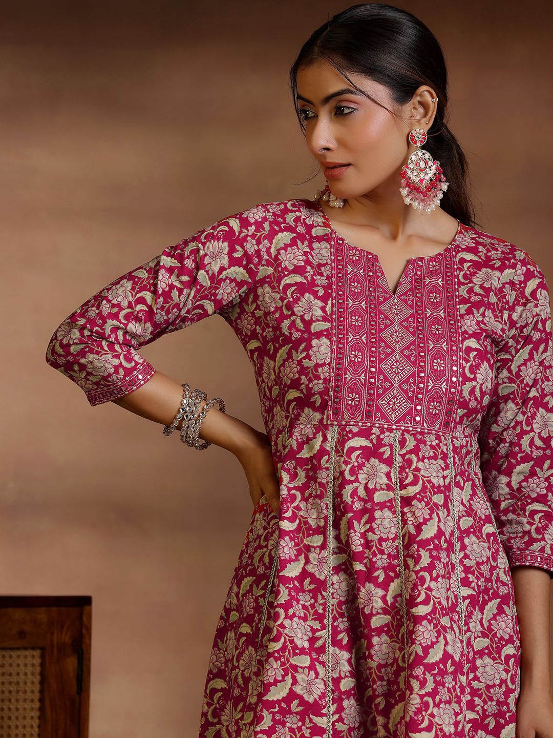 

Libas Women Floral Printed Panelled Mirror Work Pure Cotton Kurta with Trousers, Pink