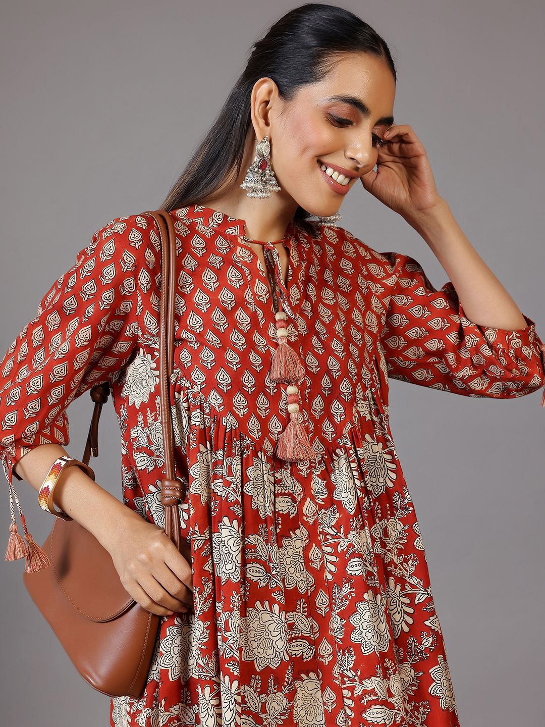 

Libas Floral Printed Pure Cotton Pleated Kurti, Rust