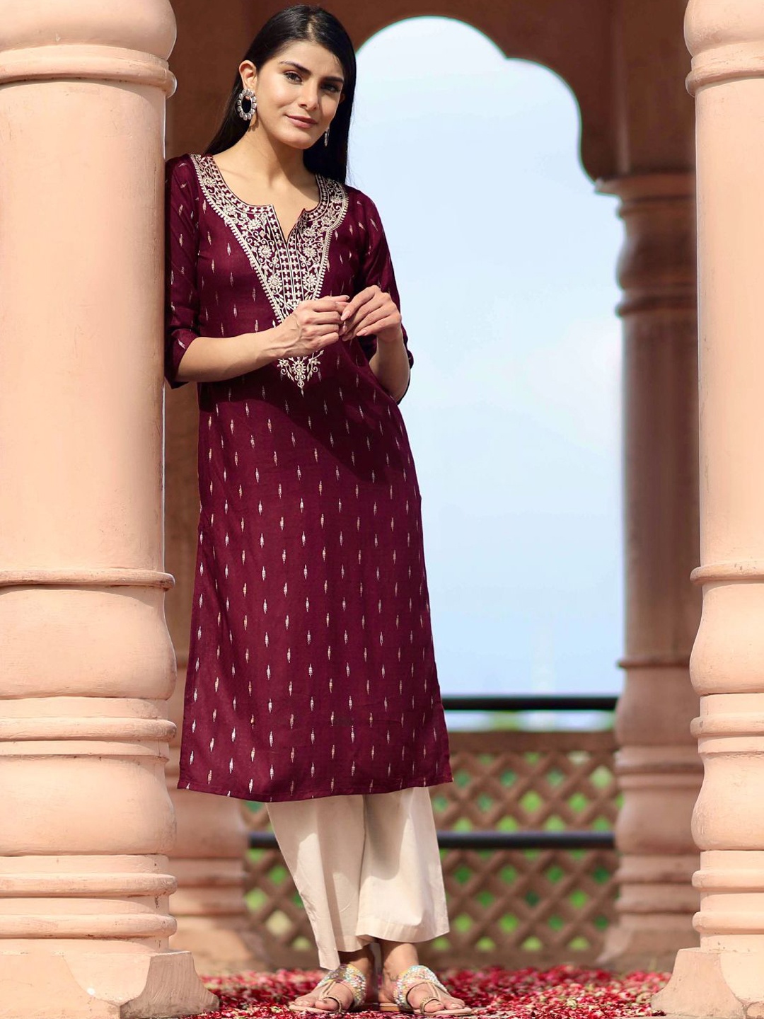 

Libas Women Yoke Design Thread Work Dobby Kurta, Maroon