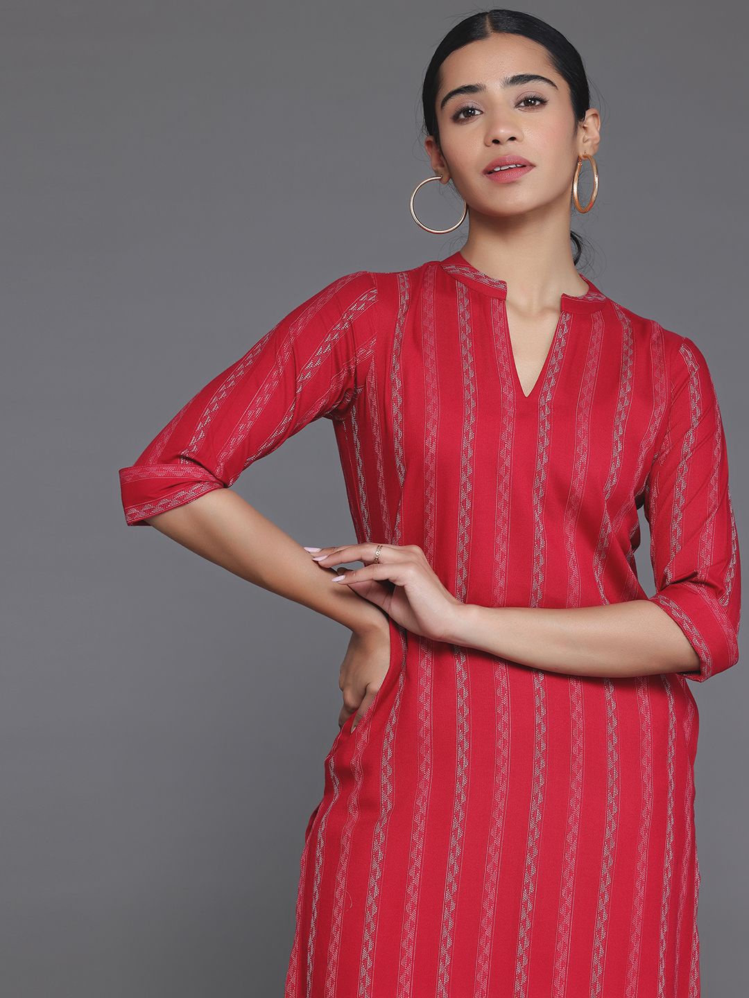 

Libas Women Striped Thread Work Jacquard Kurta, Red