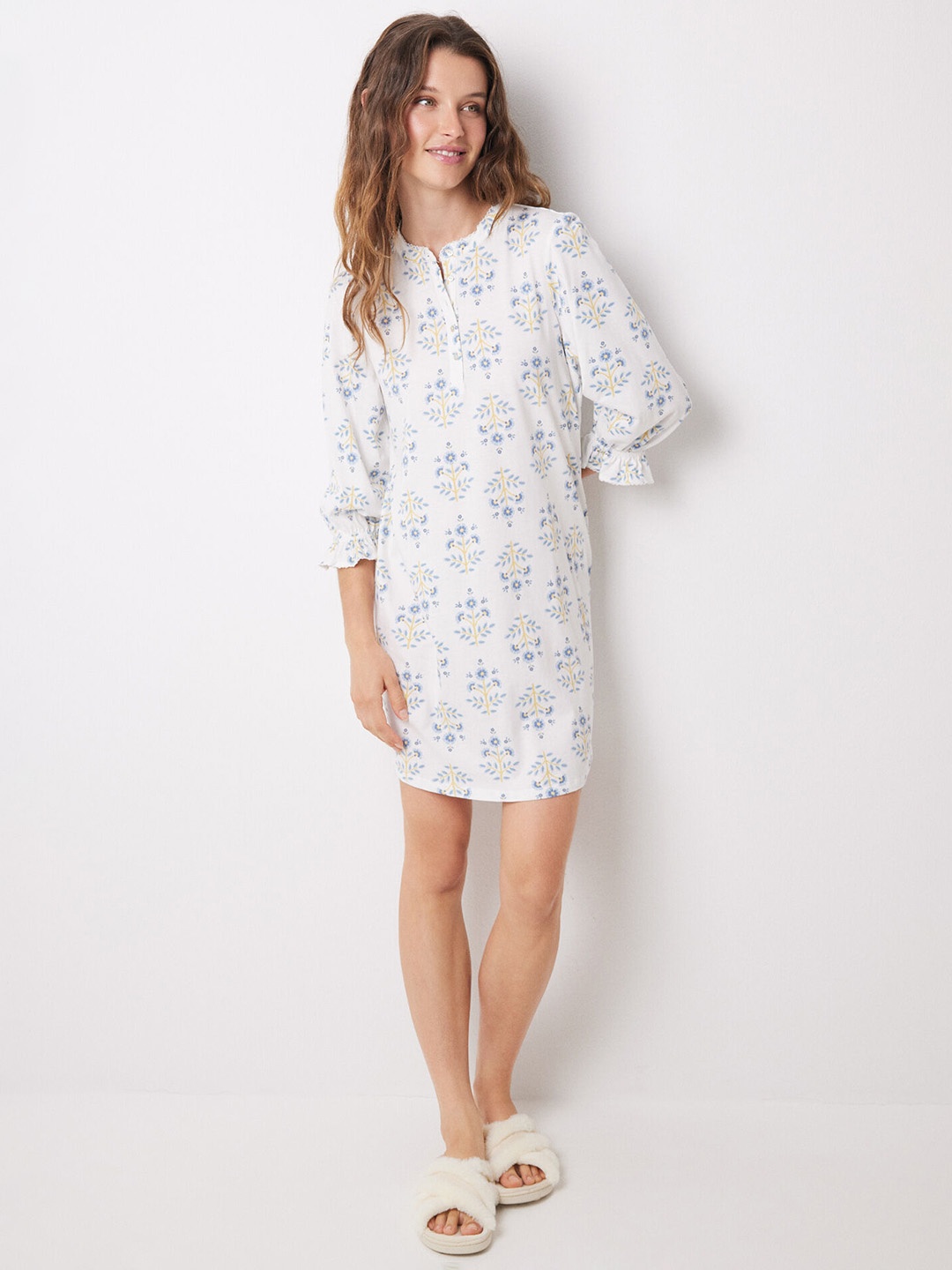 

women'secret Pure Cotton Floral Printed Printed Nightdress, White