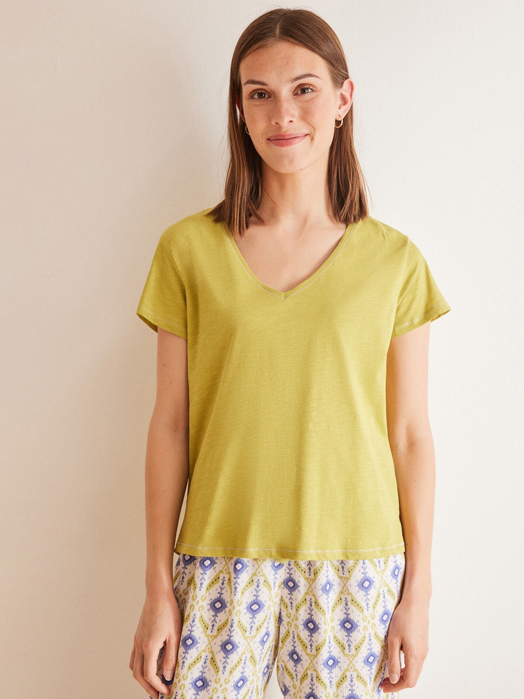 

women'secret V-Neck Pure Cotton Lounge T-shirt, Green