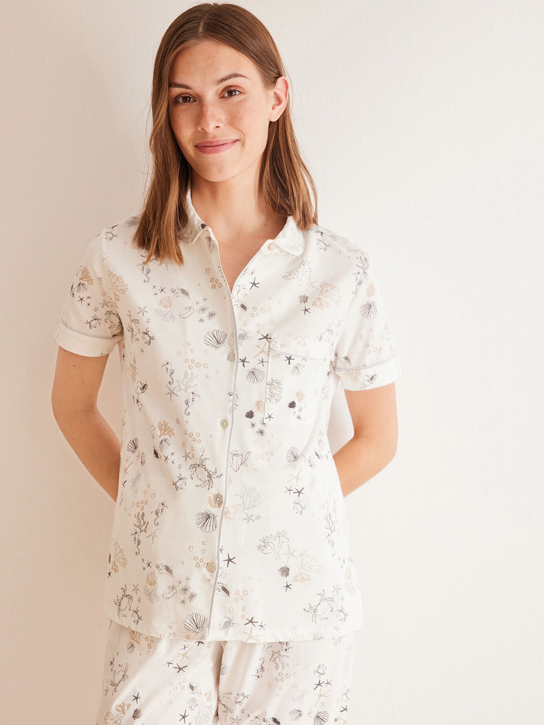 

women'secret Graphic Printed Pure Cotton Night Suit, White