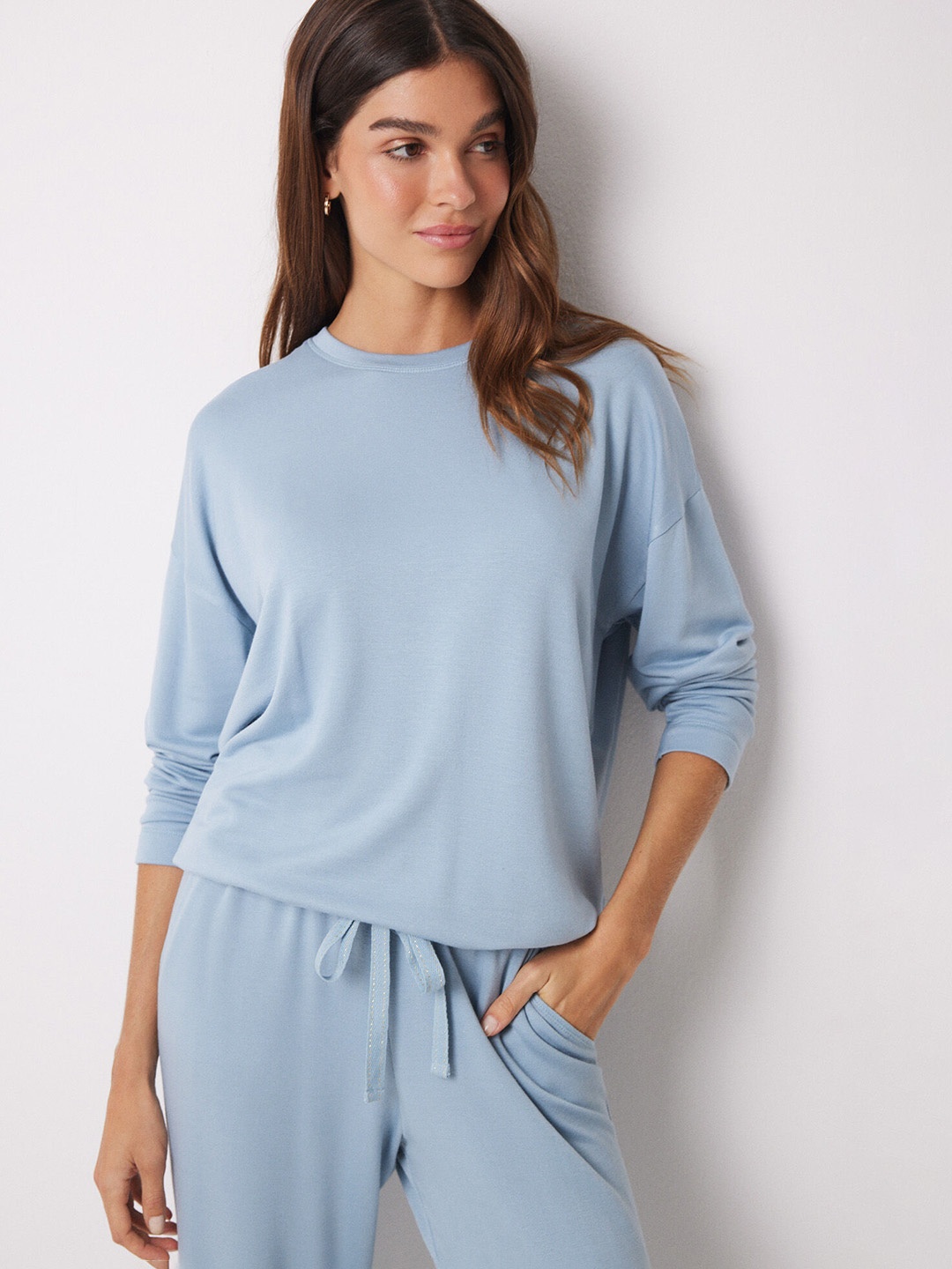 

women'secret Solid Long Sleeves T-shirt & Pyjamas Night Suit, Blue