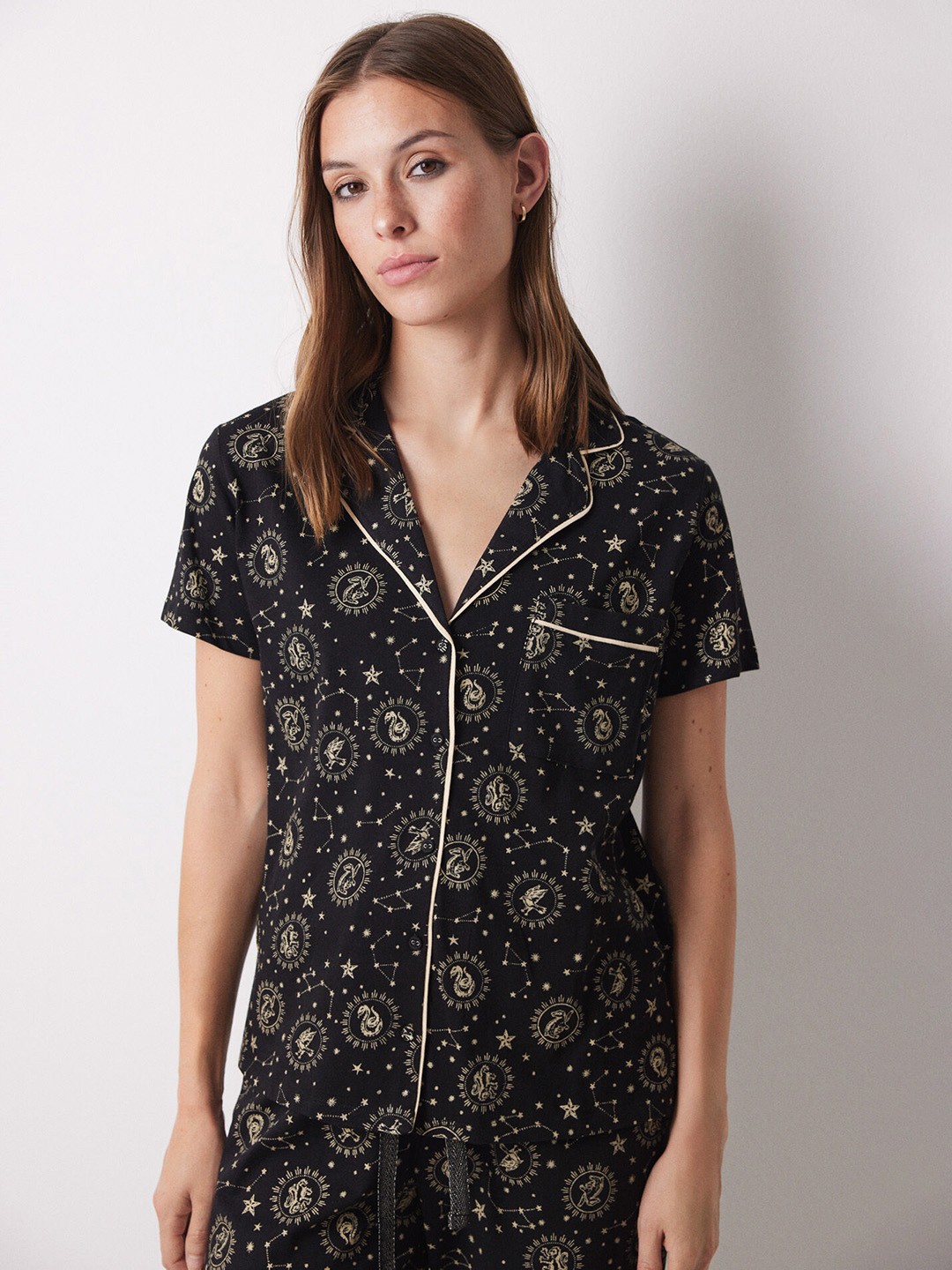 

women'secret Graphic Printed Pure Cotton Night Suit, Black