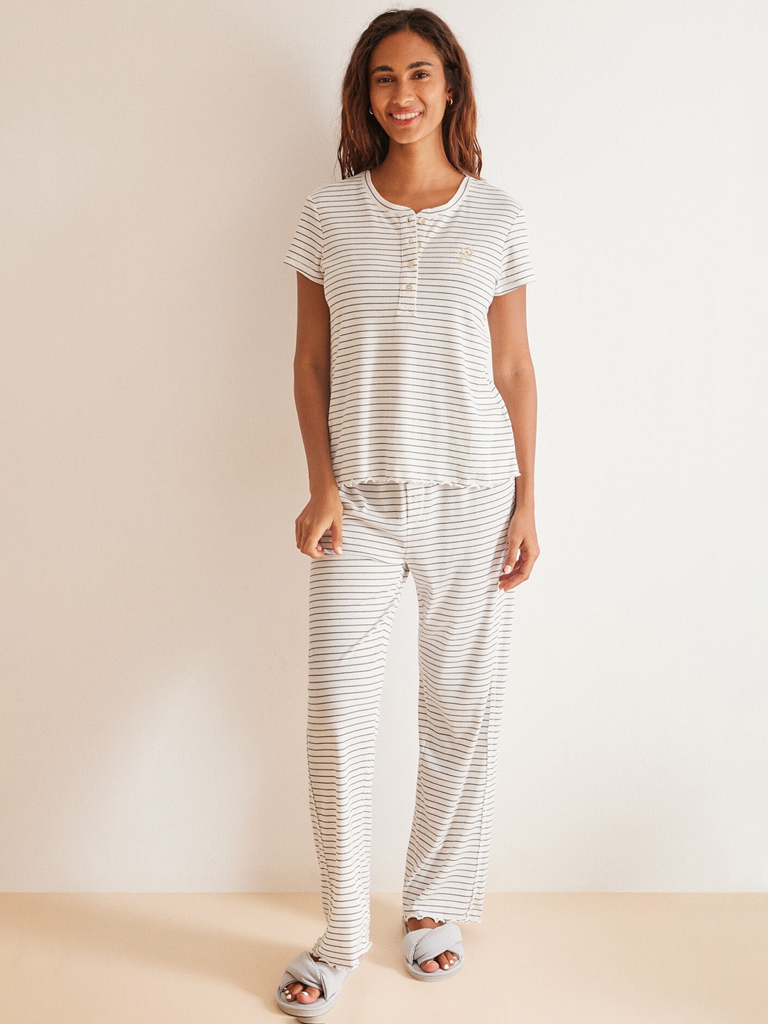 

women'secret Striped T-shirt & Pyjamas Night Suit, White