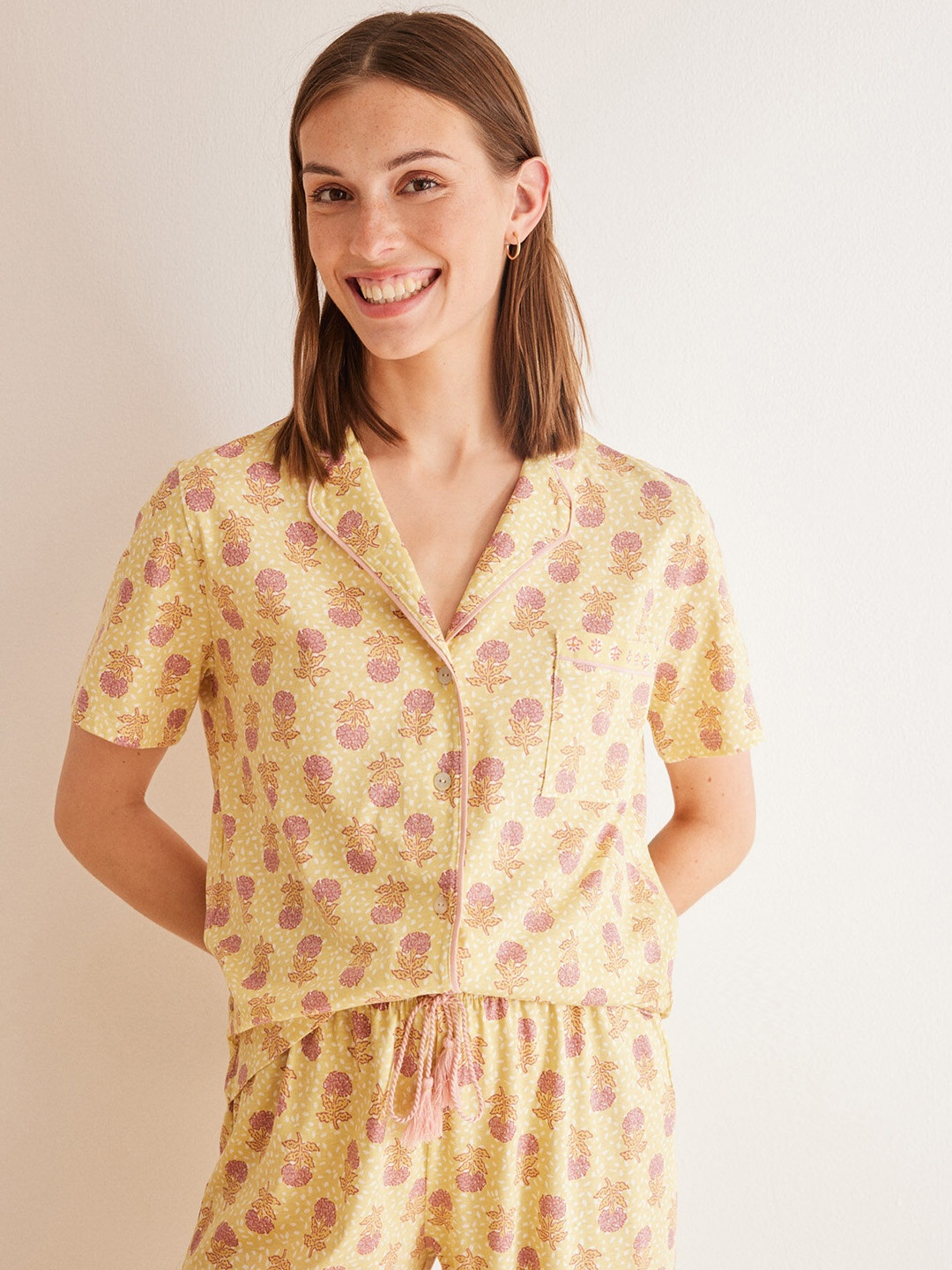 

women'secret Women Pure Cotton Floral Printed Night suit, Yellow