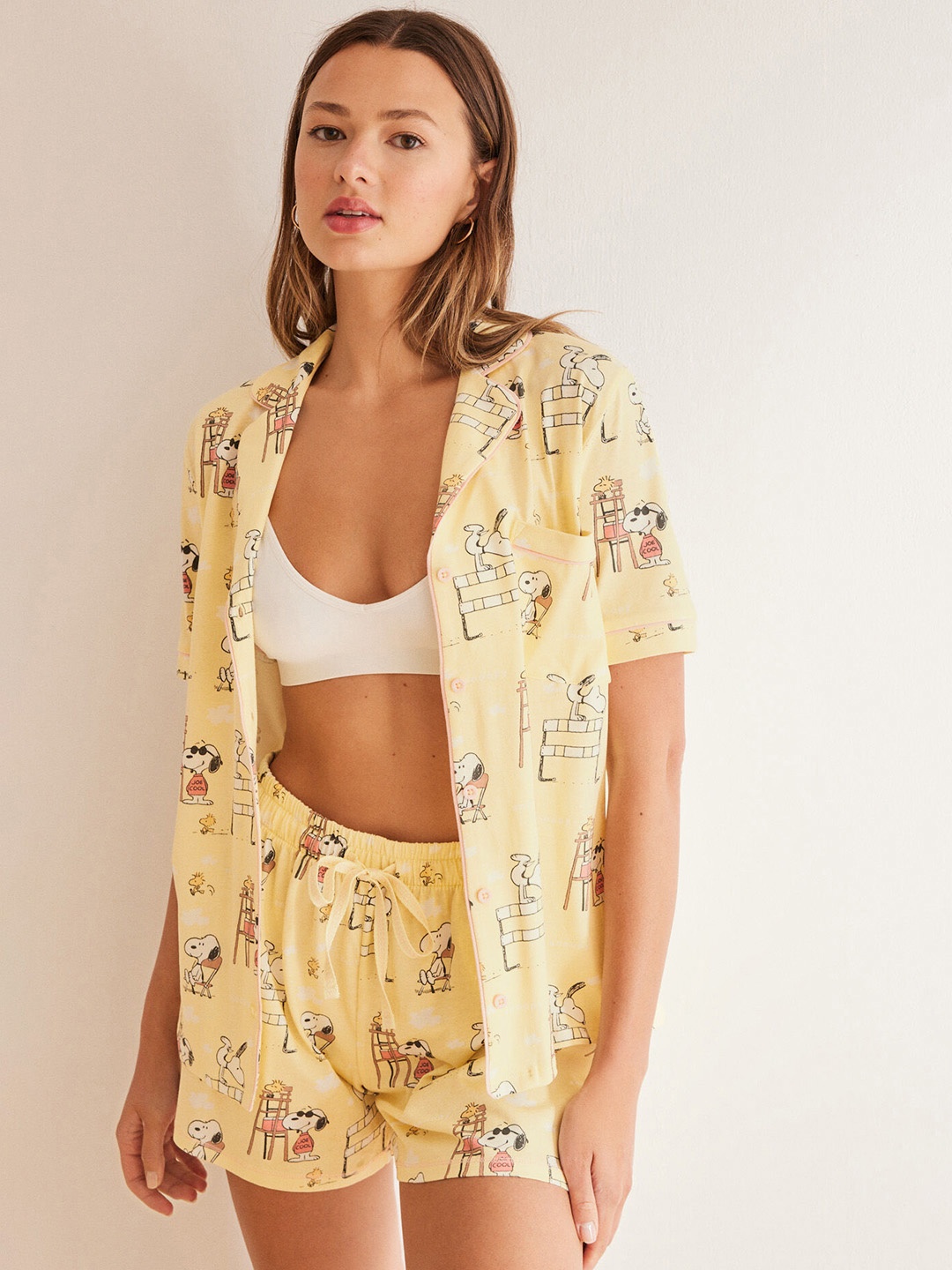 

women'secret Pure Cotton Snoopy Printed Shirt & Shorts Night Suit, Yellow