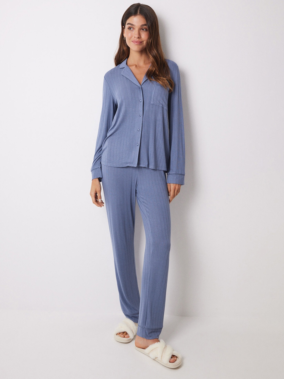 

women'secret Striped Shirt & Pyjamas Night Suit, Blue