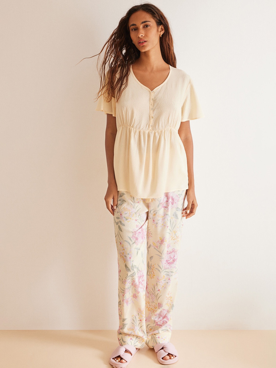 

women'secret Floral Printed Night Suit, Yellow