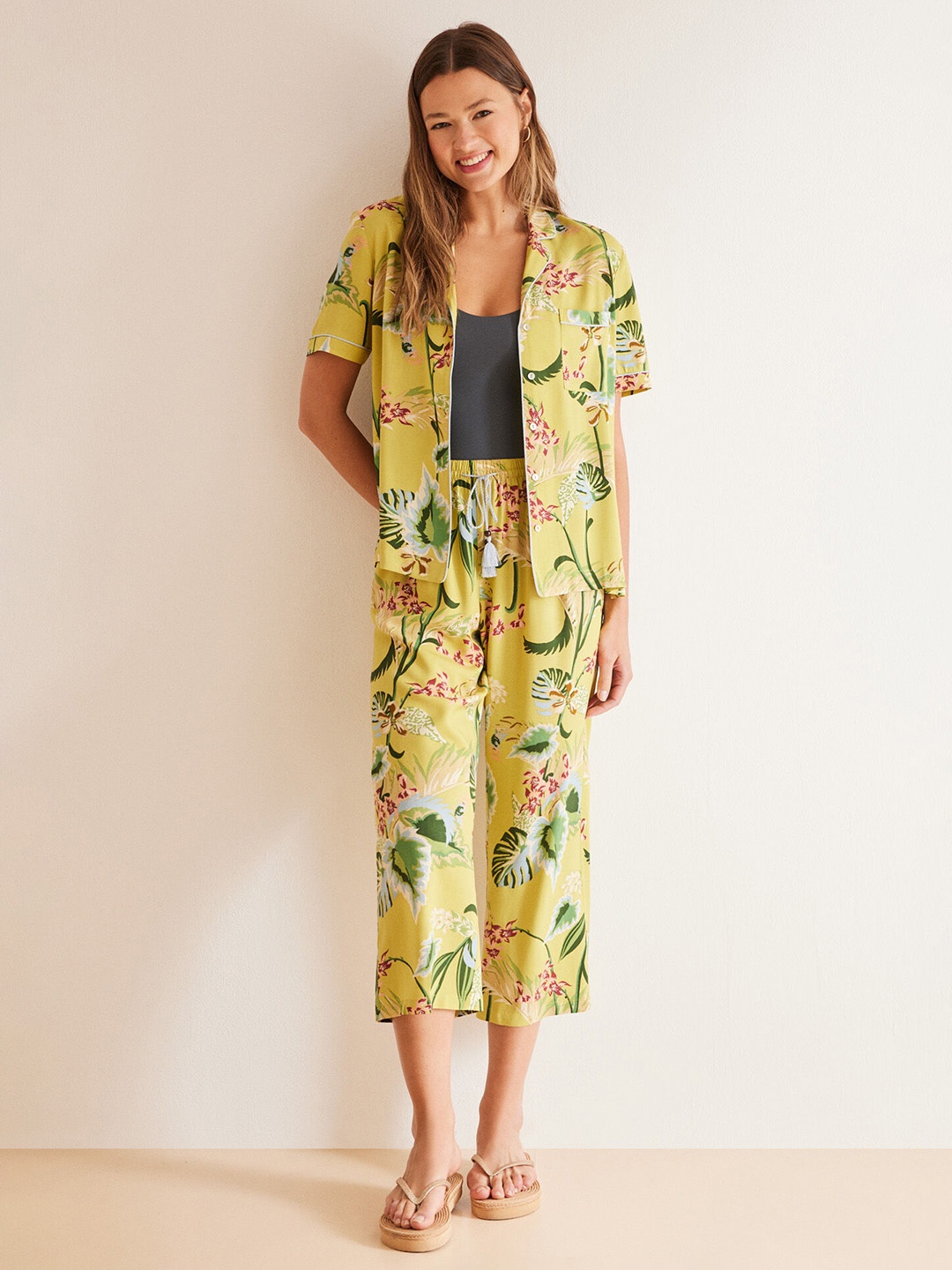 

women'secret Printed Shirt & Pyjamas Night suit, Green