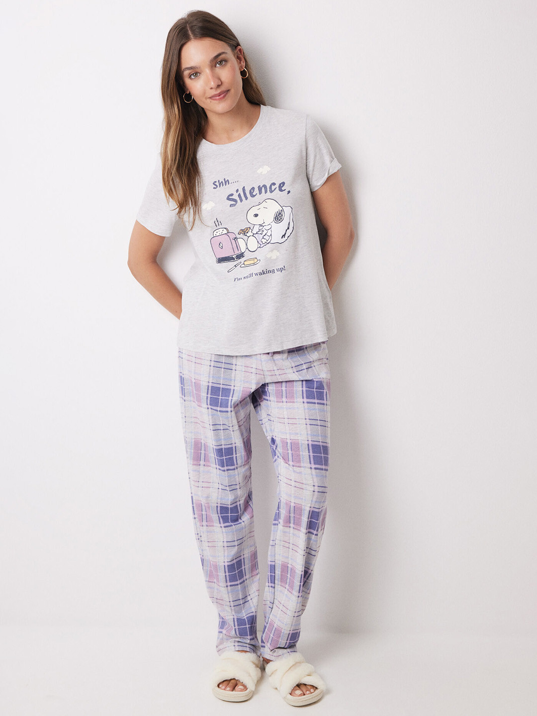 

women'secret Peanut Printed T-Shirt & Pyjamas Night suit, Grey