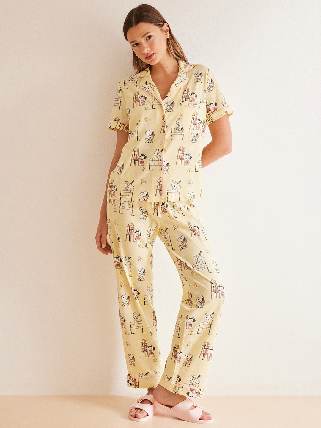 

women'secret Peanuts Printed Pure Cotton Night suit, Yellow