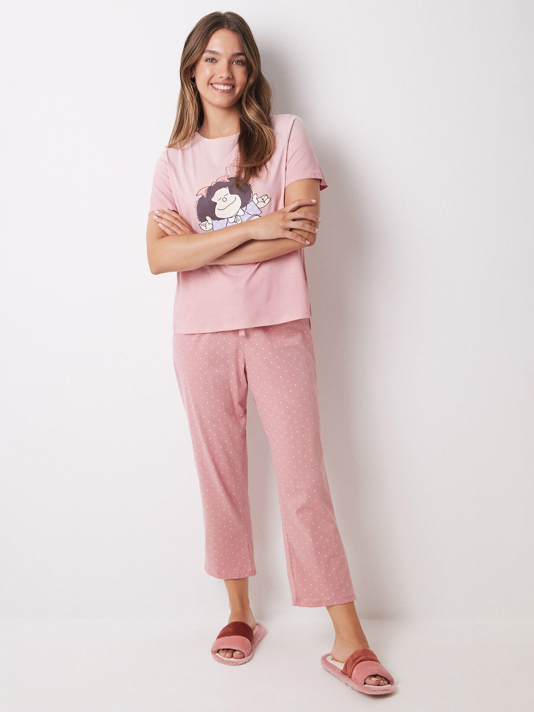 

women'secret Graphic Printed Pure Cotton Night Suit, Pink