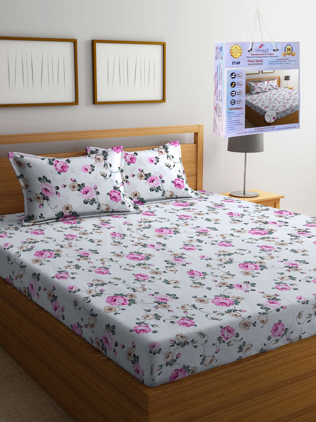 

FABINALIV White & Pink Floral 300 TC King Bedsheet Set 2.50 m x 2.25 m