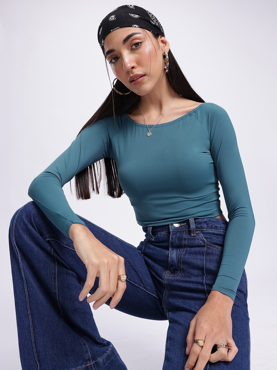 

glitchez Everyday Glam Boat Neck Fitted Top, Teal