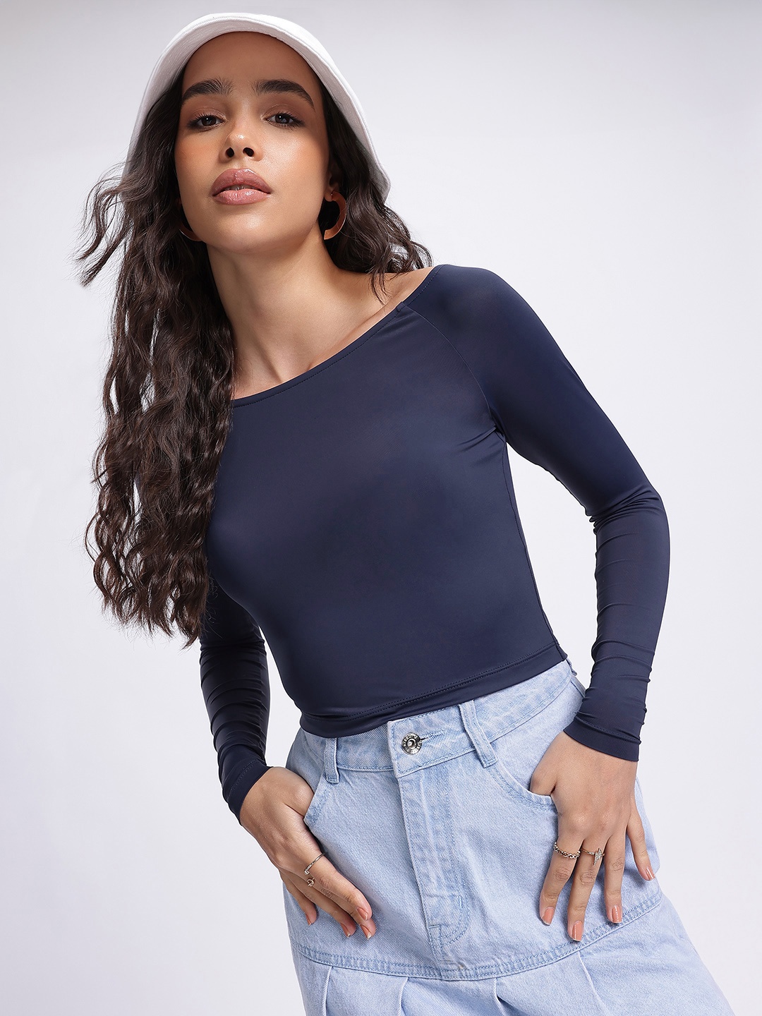 

glitchez Sleek Scene Boat Neck Fitted Top, Navy blue