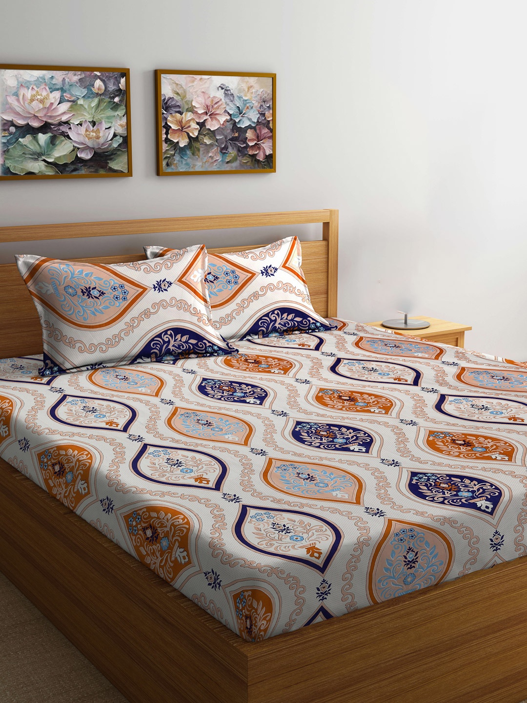 

FABINALIV White & Blue Ethnic Motifs 300 TC Fitted King Bedsheet Set 2.50m X 2.25m