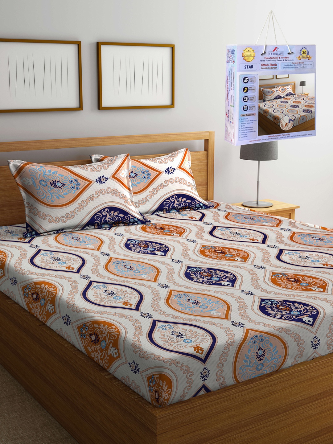 

FABINALIV White & Blue Ethnic Motifs 300 TC Fitted King Bedsheet Set 2.50m X 2.25m