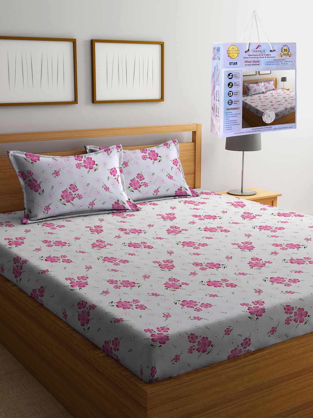 

FABINALIV White & Green Floral 300 TC Fitted King Bedsheet Set 2.50m X 2.25m