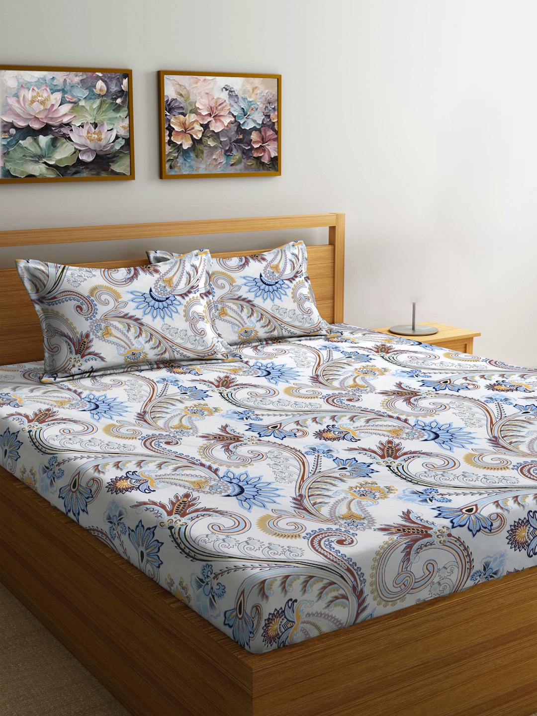 

FABINALIV White & Blue Floral 300 TC Fitted King Bedsheet Set 2.50m X 2.25m