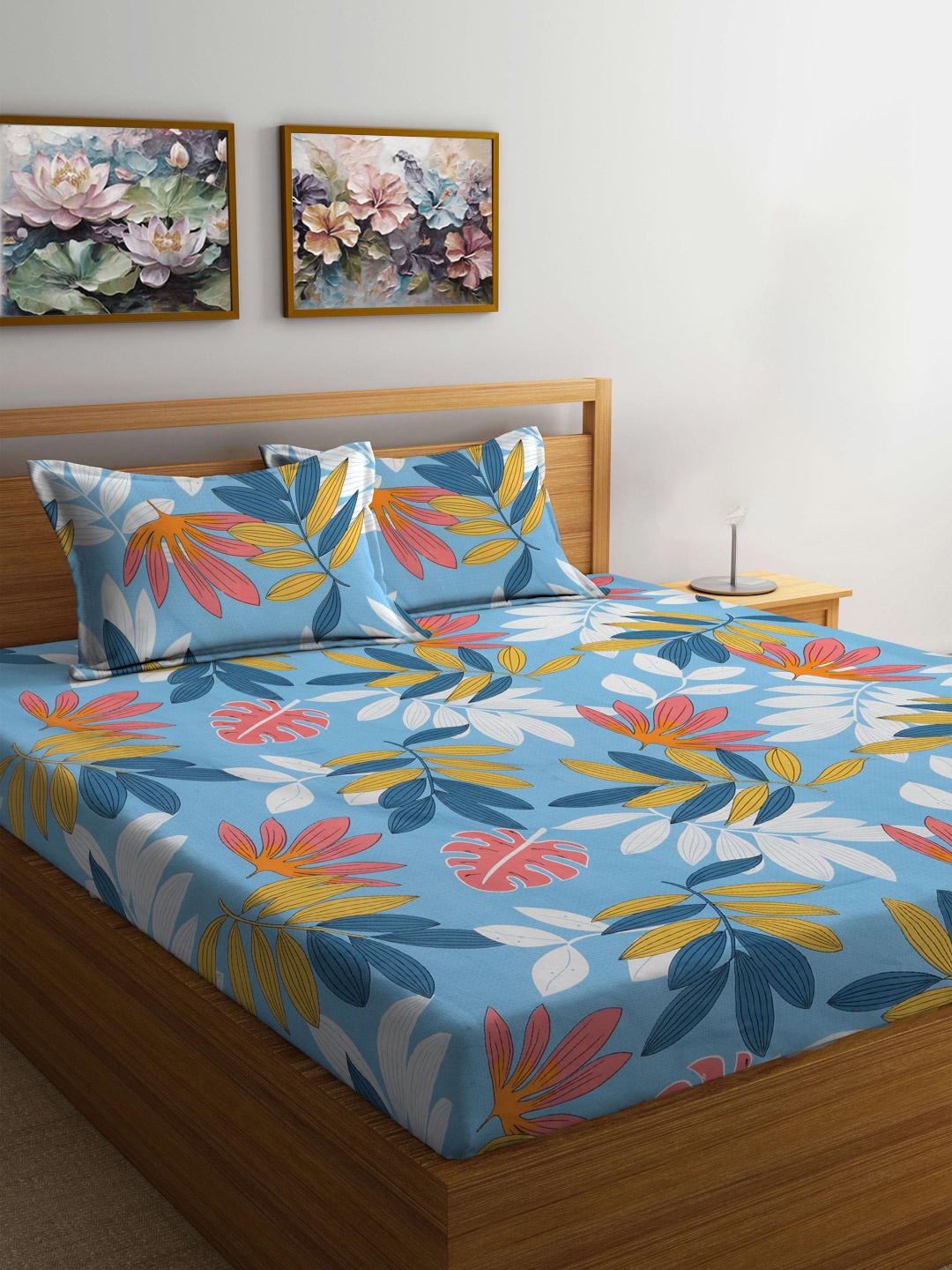

FABINALIV Blue & Pink Floral Printed 300 TC Fitted King Bedsheet Set 2.50m X 2.25m