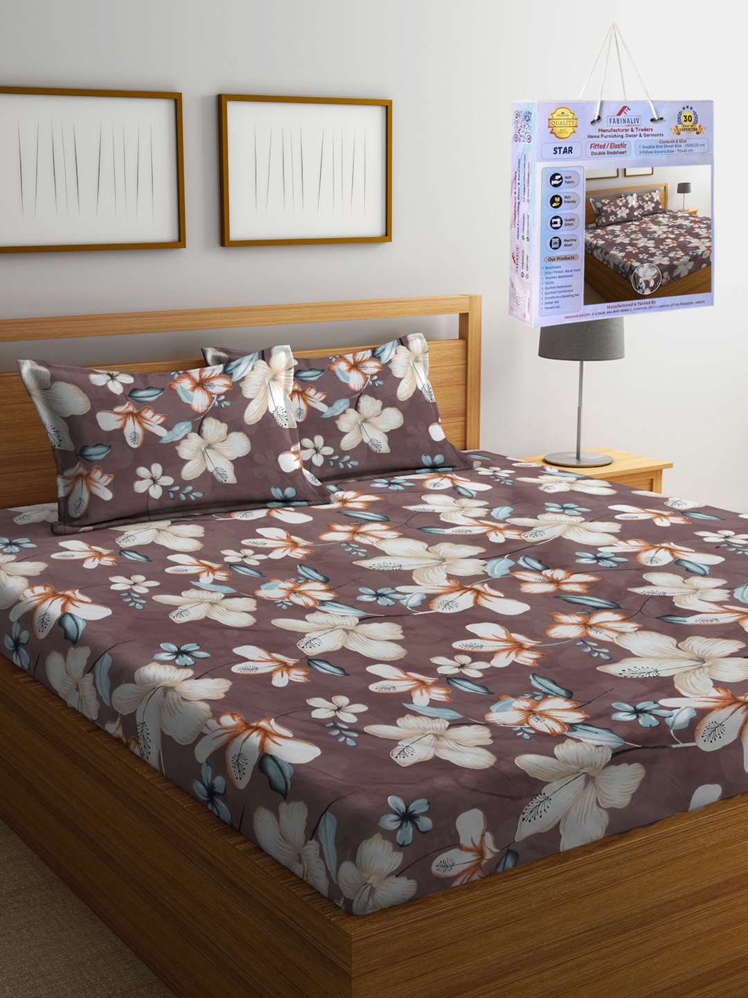 

FABINALIV Brown & White Floral 300 TC Fitted King Bedsheet Set 2.50m X 2.25m