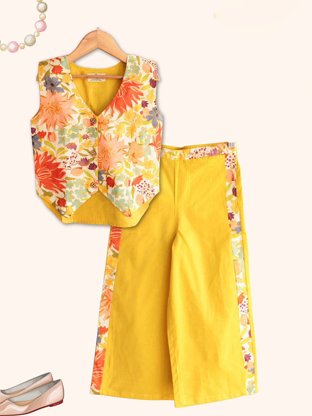 

Peekaaboo Kids Girls Printed Coat with Trousers, Yellow