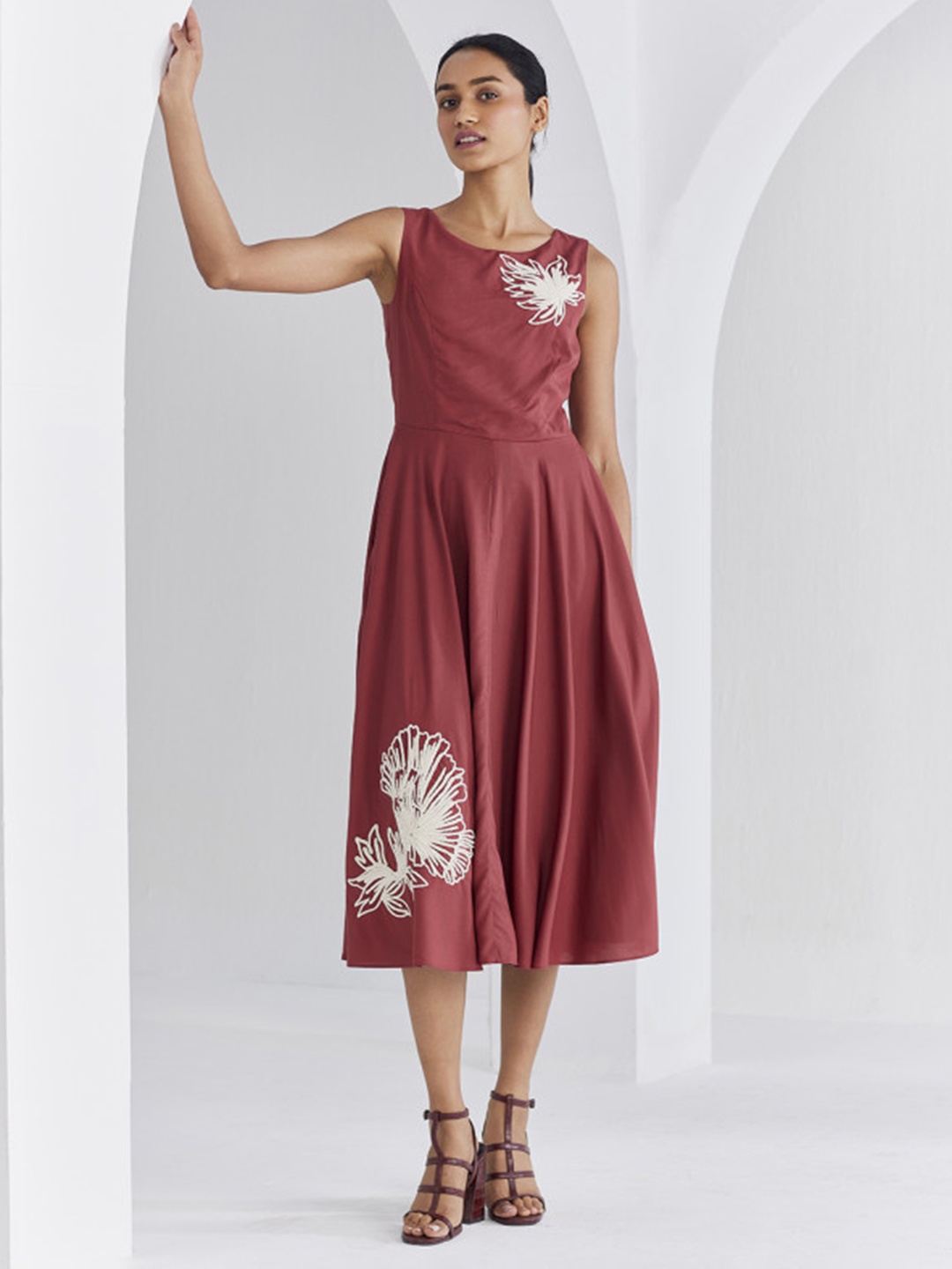 

Ancestry Embroidered Formal Fit & Flare Midi Dress, Rust