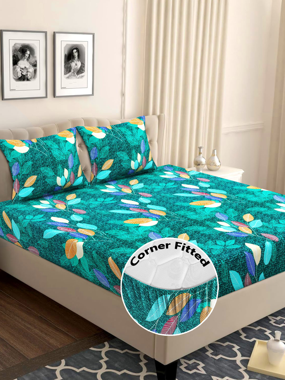 bsb home Green Floral 210 TC Queen Bedsheet with 2 Pillow Covers