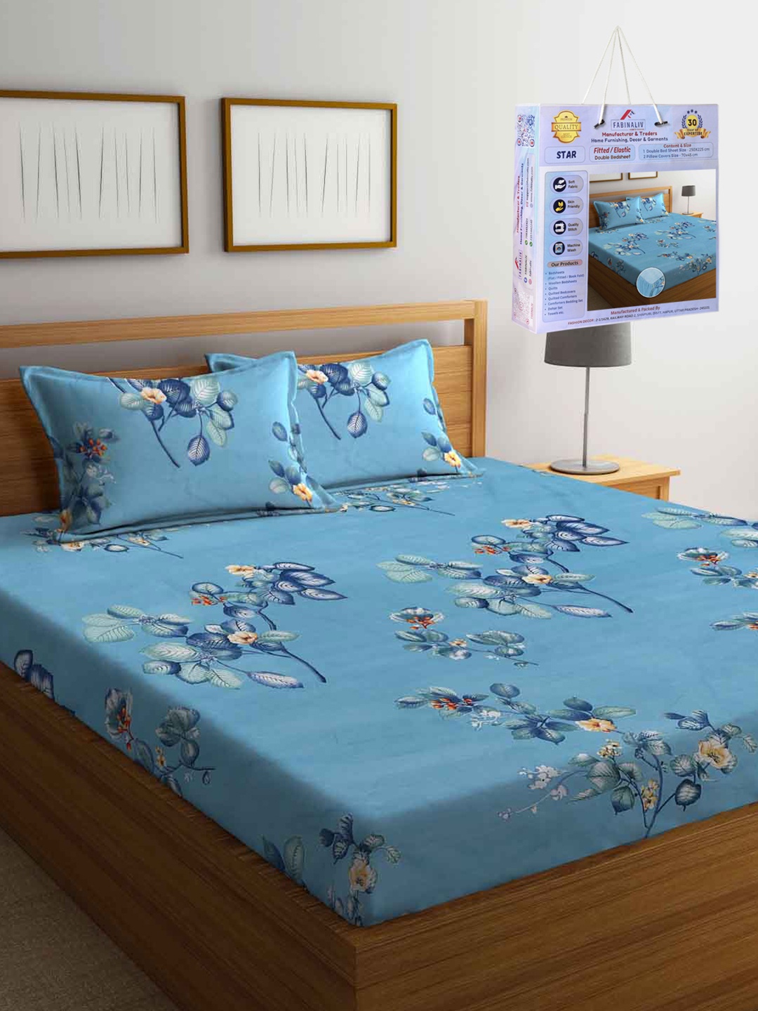 

FABINALIV Blue & Green Floral 300 TC King Bedsheet with 2 Pillow Covers 2.50 m x 2.25 m