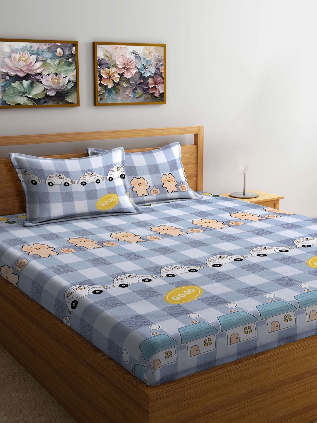 

FABINALIV Blue & White Cartoon Characters 300 TC Fitted King Bedsheet Set 2.50m X 2.25m