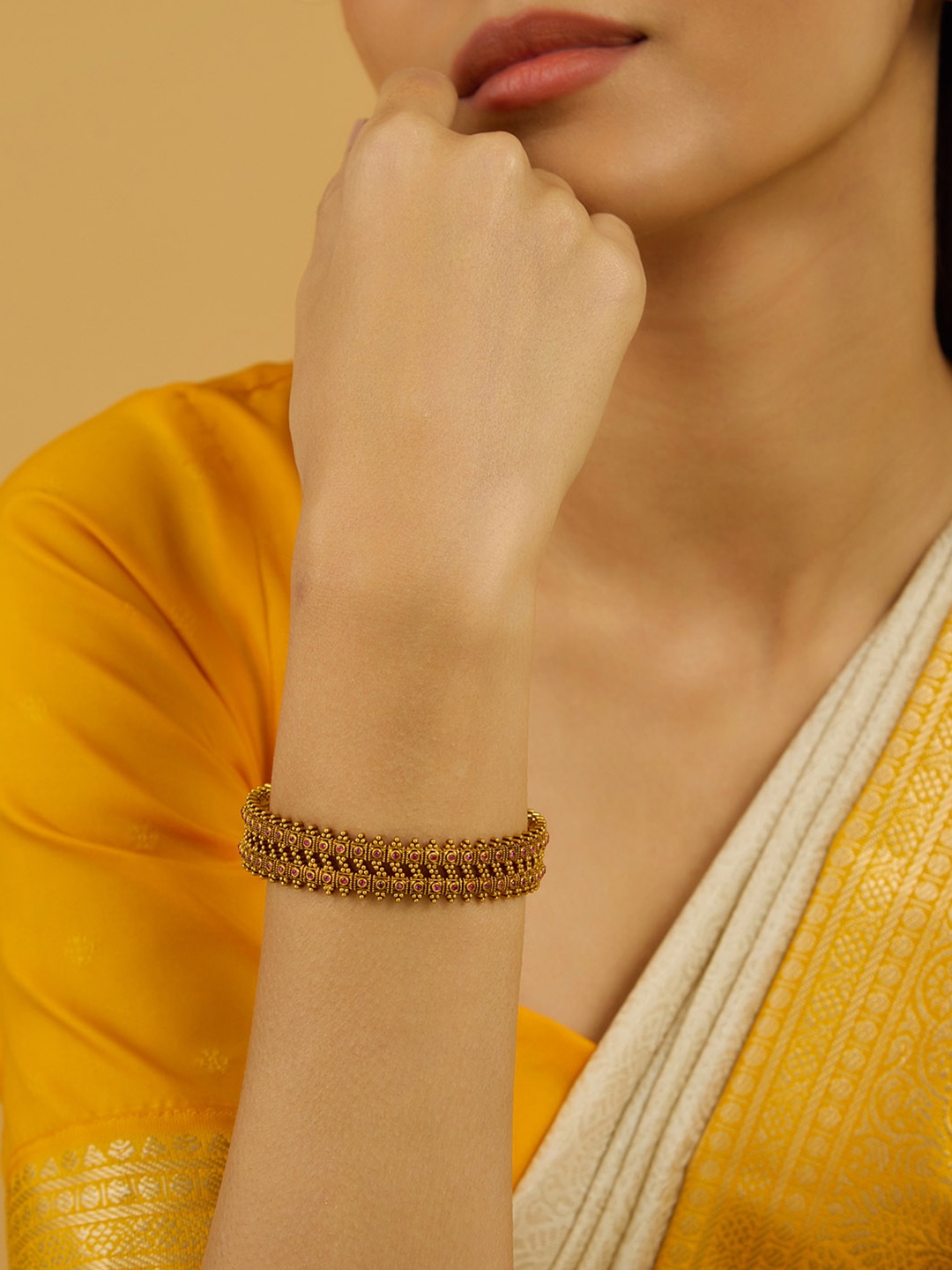

Kushal's Fashion Jewellery Set Of 2 Gold-Plated Ruby-Studded Bangles