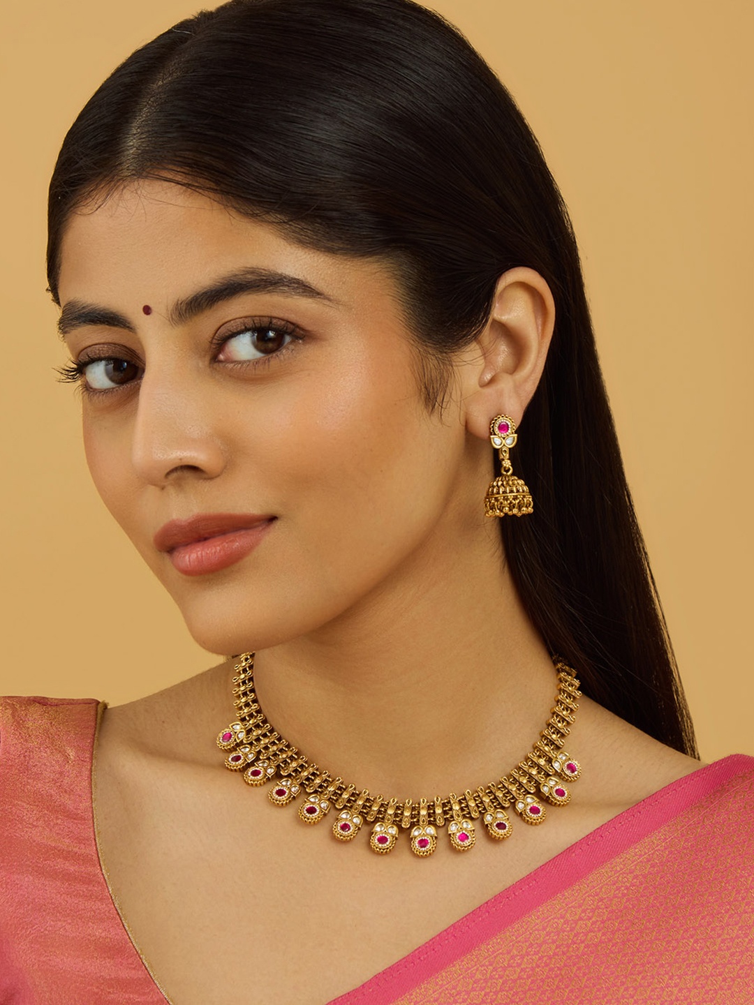 

Kushal's Fashion Jewellery Gold-Plated Stone Studded Antique Jewellery Set
