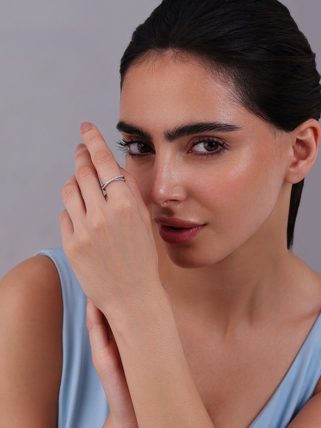 

Kushal's Fashion Jewellery Rhodium-Plated CZ Stone-Studded Adjustable Finger Ring, Silver